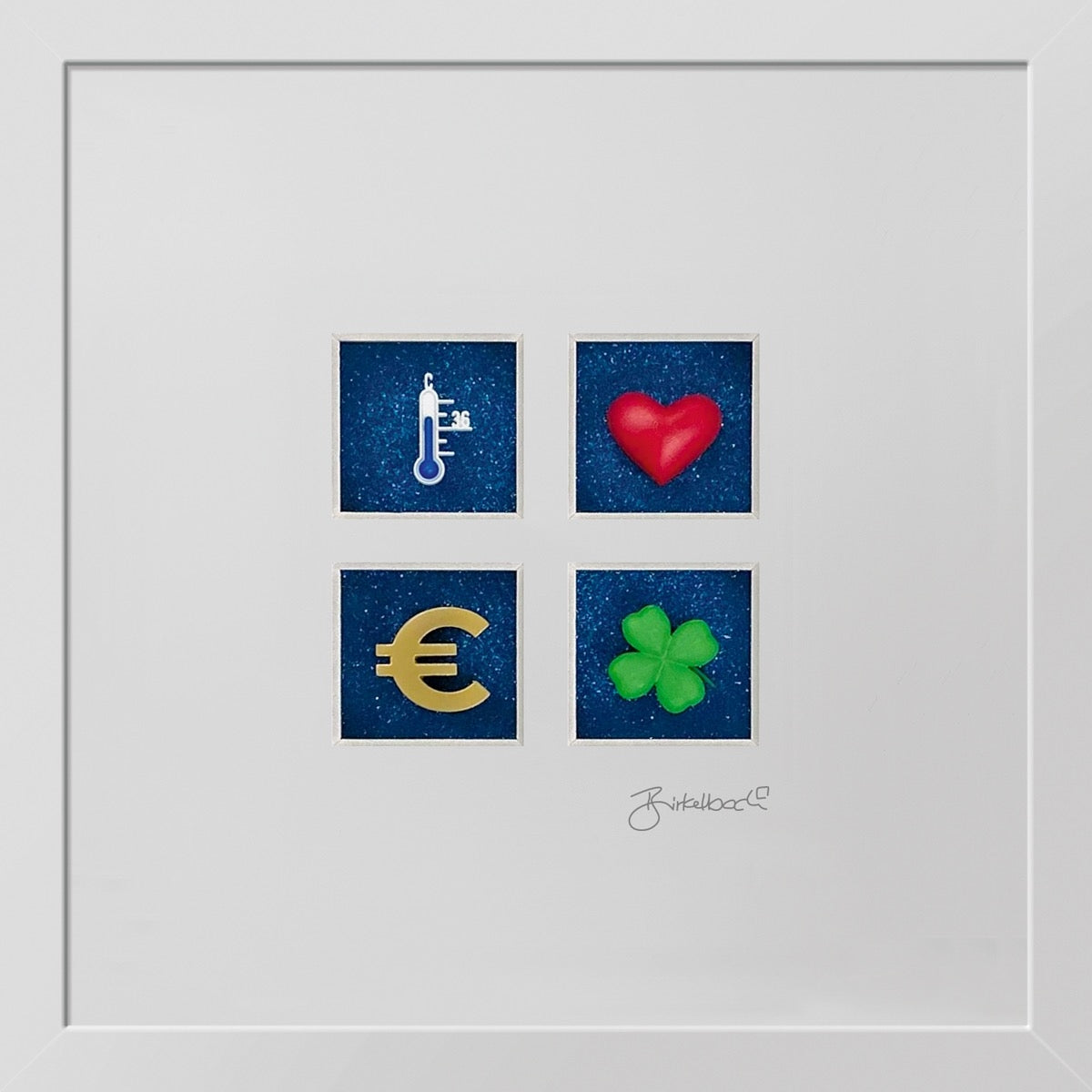 Geschenk 3D-Objektbild 'Gesundheit, Liebe, Wohlstand & Glück' mit 3D-Icons vor Sternenhimmel
