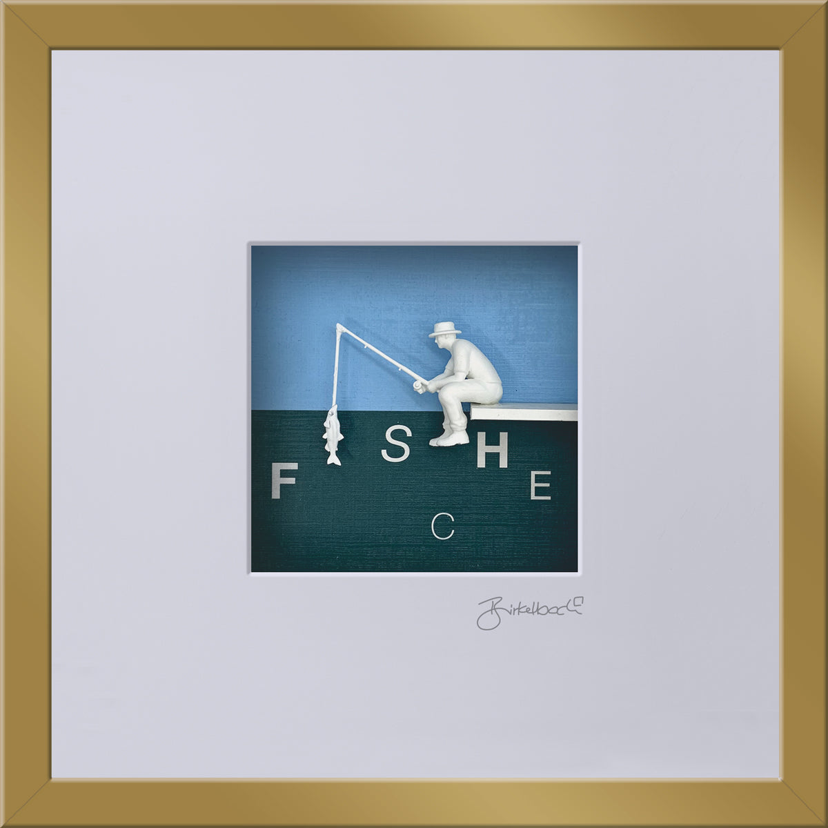 Geschenk 3D-Objektbild 'Der Angler', Rahmen Gold