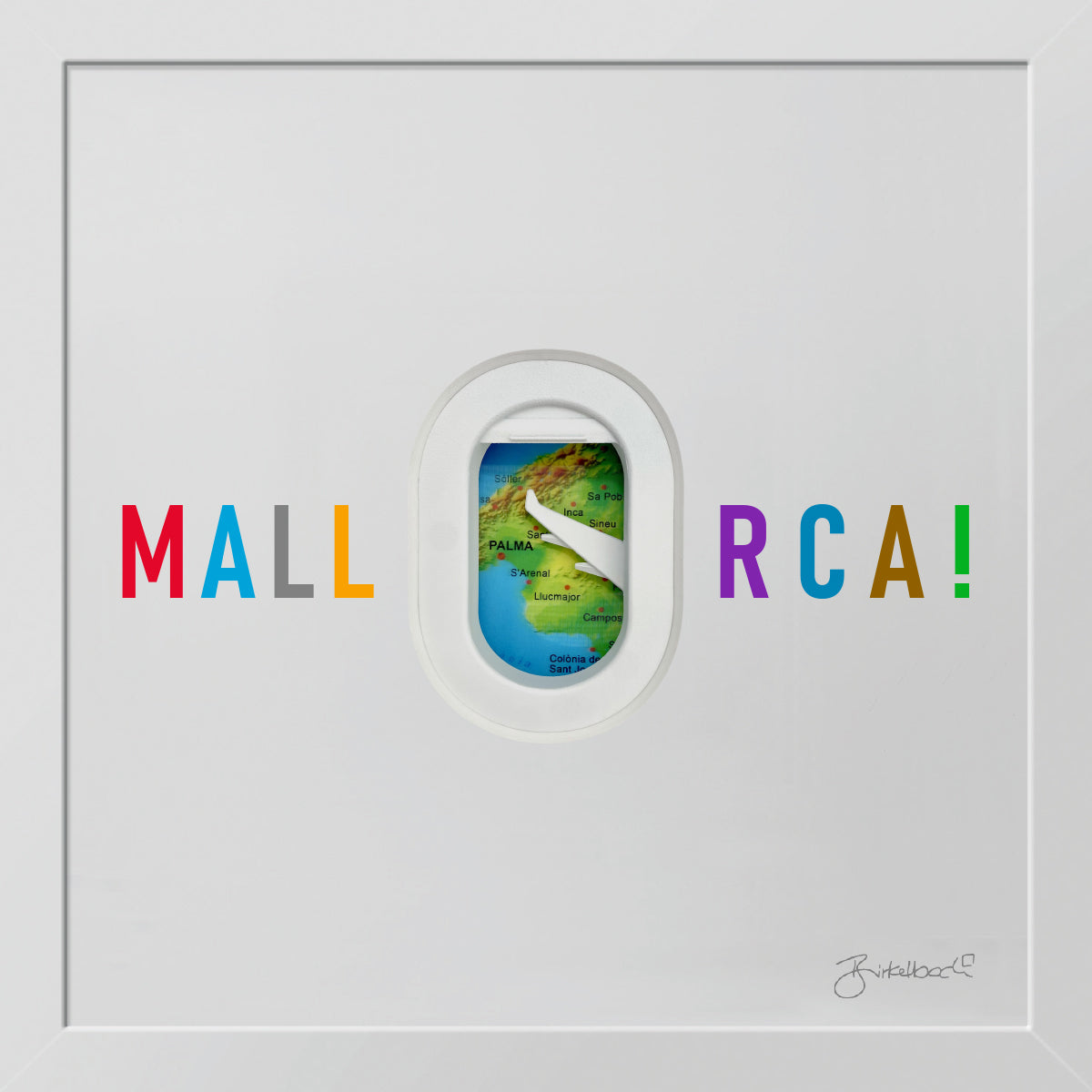 Geschenk 3D-Objektbild 'Mallorca' mit Flugzeugfenster-Motiv, Rahmen Weiß