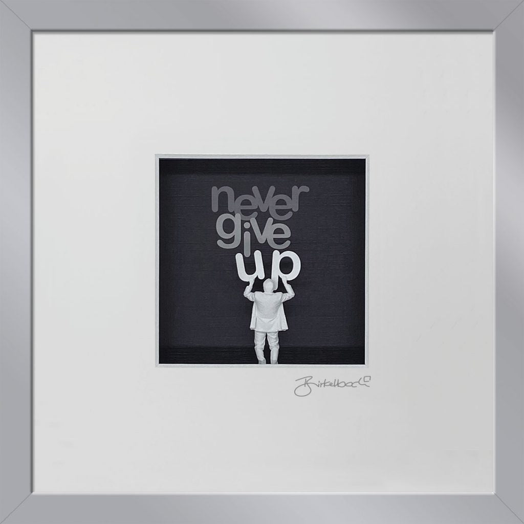 Motivationsgeschenk 3D-Objektbild 'Never Give Up', Rahmen Silber