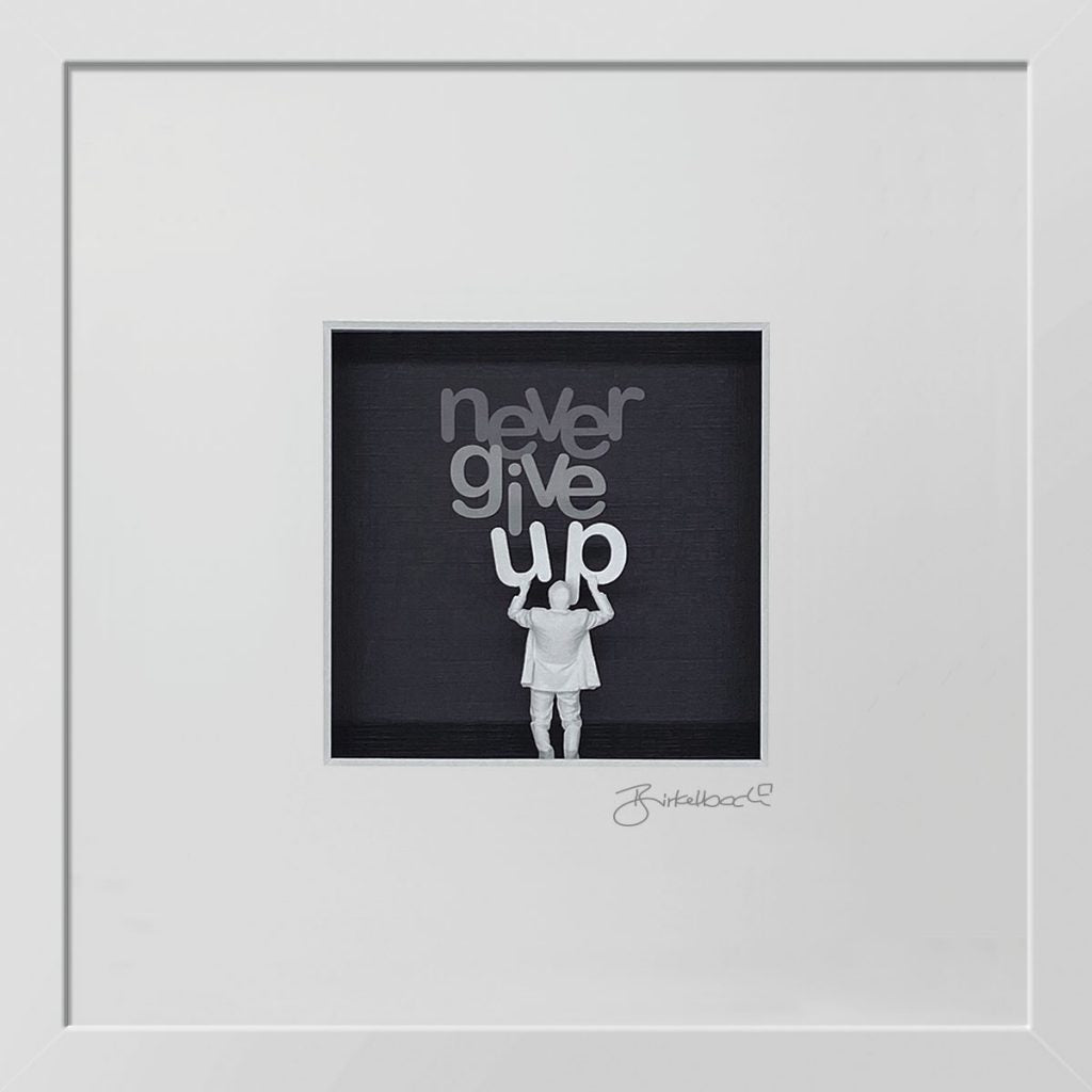 Motivationsgeschenk 3D-Objektbild 'Never Give Up', Rahmen Weiß